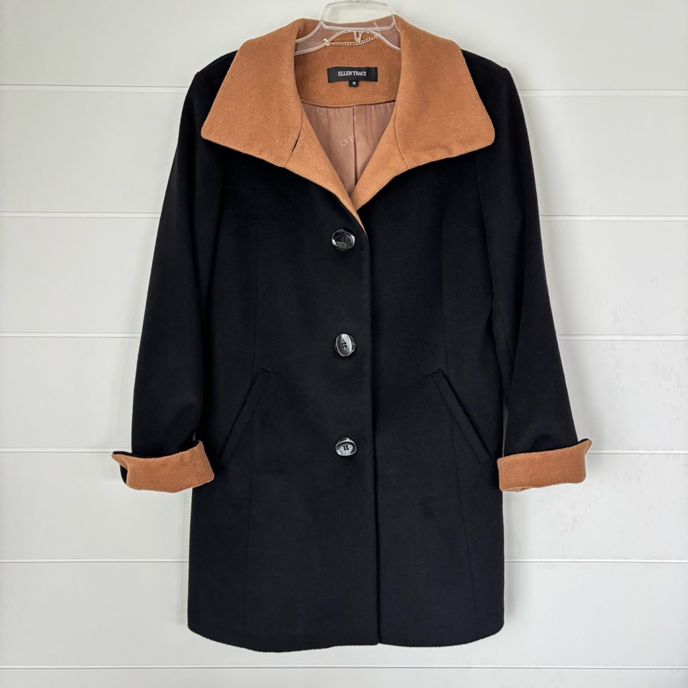Ellen Tracy Black Wool Blend Coat with Tan Collar & Cuffs Women's Size 10